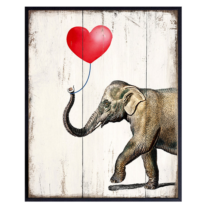 Elephant With Heart Balloon - Cute Unique Room or Home Decor for Women, Girls Room, Bedroom, Living Room - Rustic Vintage Sign Plaque Replica Wall Art Print - Romantic Gift - Unframed