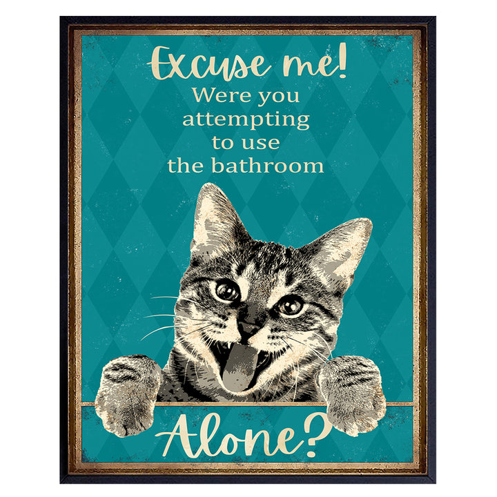 Funny Tabby Cat Bathroom Decor - Bathroom Wall Decor - Guest Bathroom - Restroom Sign - Bath Wall Decor - Blue Bathroom Decorations - Cat Gifts for Cat Lovers, Women, Girls - Powder Room Wall Art