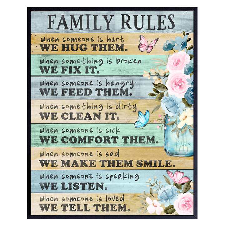 Family Wall Decor - Family Wall Art - Positive Quotes Wall Decor - Inspirational Wall Art for Women - Family Rules - Blue Butterfly Wall Decor - Rustic Shabby Chic Living Room Decor - 8X10 UNFRAMED