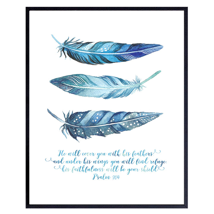 He Will Cover You With His Feathers Wall Art - Psalm 91 - Feather Wall Decor - Bible Verses Wall Art - Scripture Wall Decor - Christian Gifts - Inspirational Wall Art - Religious Wall Art