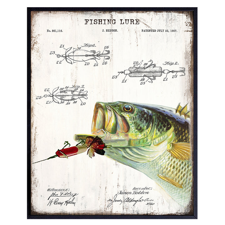 Rustic Fish Wall Art - Bass Lure Patent Print Poster - Photo Sign Plaque - Vintage Farmhouse Home Decor for Beach or Lake House, Man Cave, Living Room, Office - Fishing Gift for Men - 8x10 Unframed