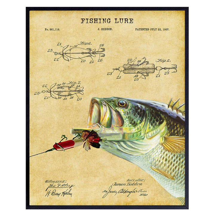 Fishing Patent Print - Fish Wall Art Poster - Rustic Vintage Home Decor for Beach or Lake House, Man Cave, Living Room, Office - Gift for Bass Fishermen, Anglers - 8x10 Photo Unframed