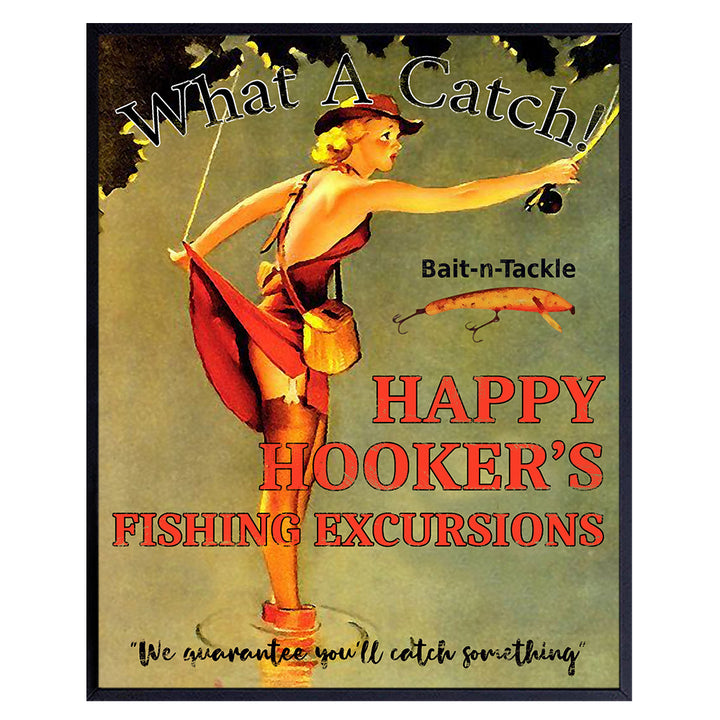 Happy Hookers Fishing Excursions - Unframed Funny Wall Art Print - Great for Lake or Beach House, Man Cave - Chic Home Decor - Perfect Gift for Fishermen, Anglers - Ready to Frame (8x10) Photo