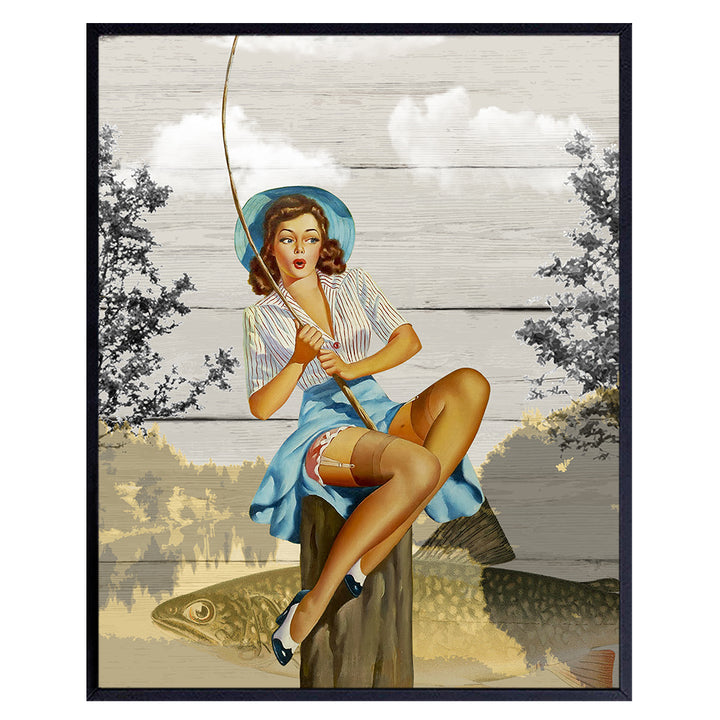 Rustic Fishing Pinup Girl Art Print - Retro Vintage 1950s Wall Art Poster - Shabby Chic Home Decor for Beach or Lake House, Den, Man Cave - Gift for Fisherman, 8x10 Photo Unframed