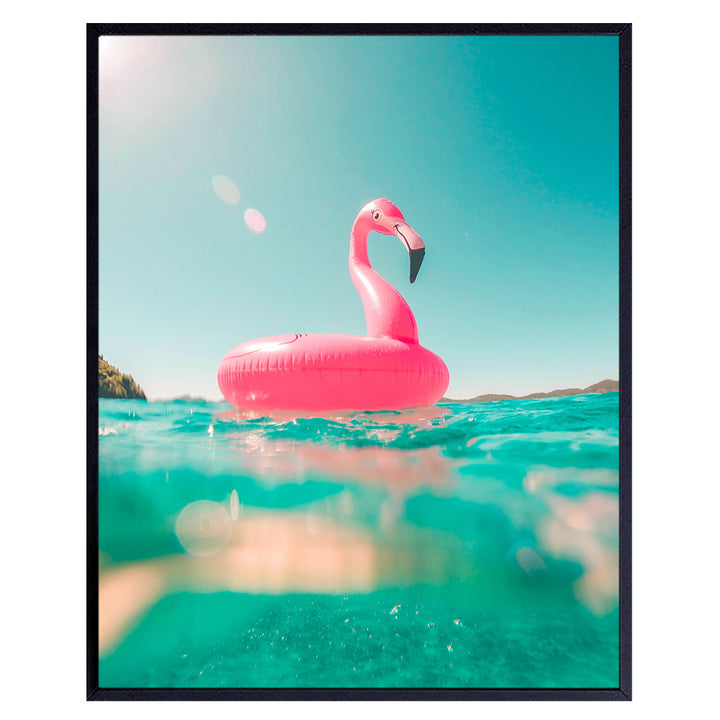 Flamingo Summer Beach House Art Print - Wall Art Poster - Unique Home Decor for Bedroom, Kids Room, Bathroom - Makes a Great Gift - 8x10 Photo Unframed