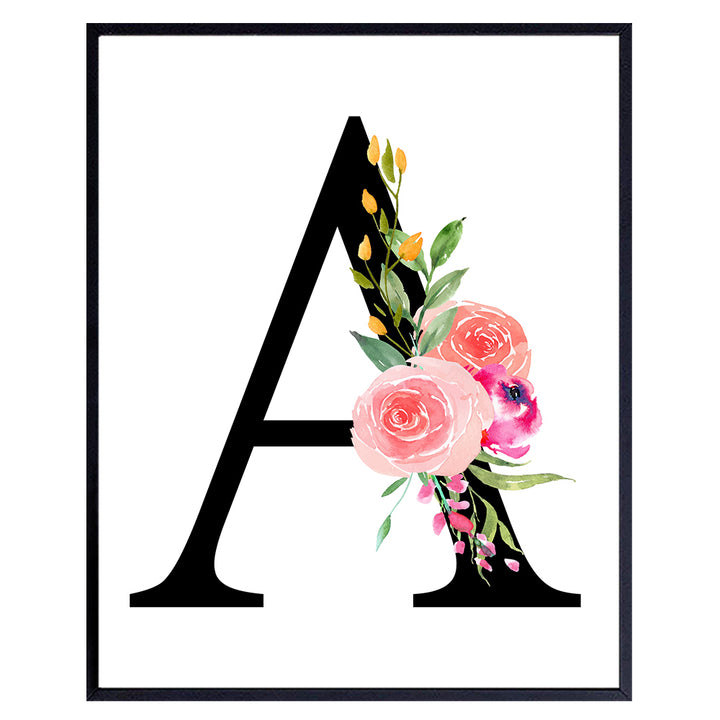 A Initial Monogram Wall Decor - Floral Art Home Decoration for Bedroom, Living Room, Bathroom, Office - Personalized Monogrammed Gift for Women, Girls, Teens - Pink Roses Sign - Unframed