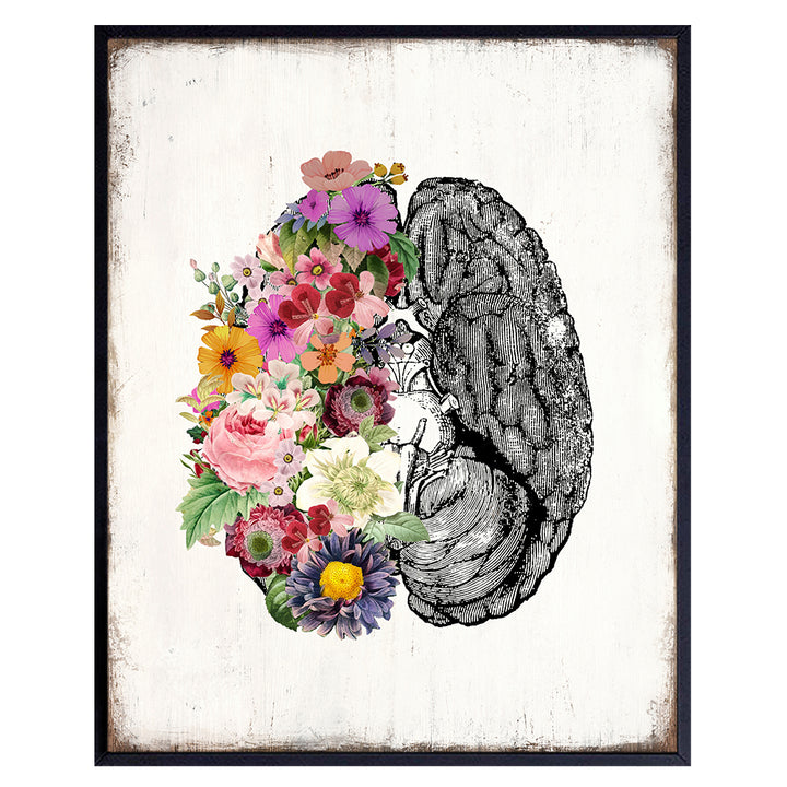 Flower Brain Wall Art & Decor - Vintage Human Anatomy Poster 8x10 - Rustic Boho Shabby Chic Modern Home Decor for Bedroom Bathroom Living Room - Bohemian Gift for Women - UNFRAMED