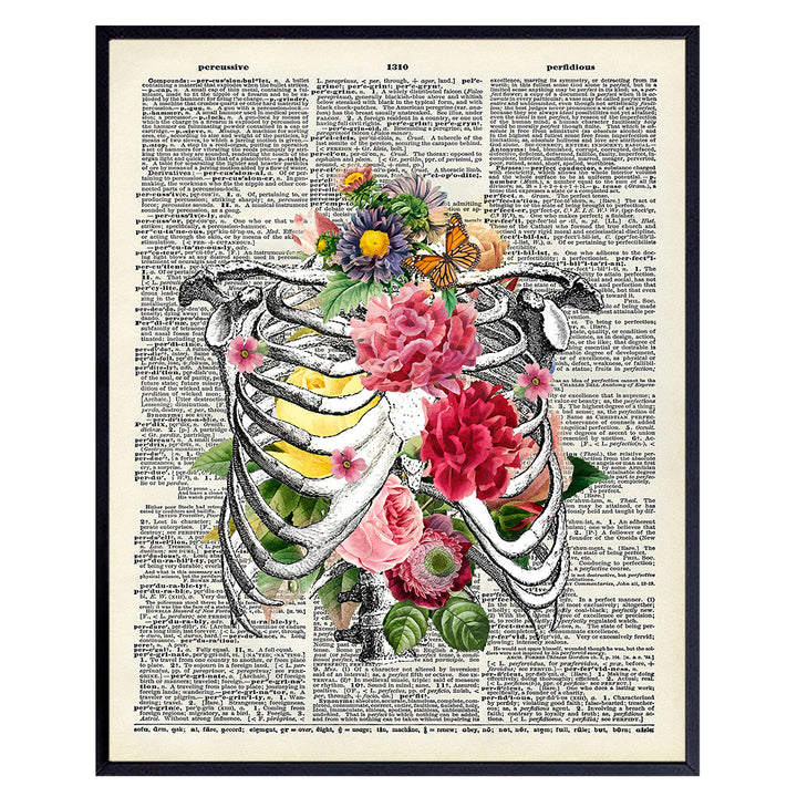 Floral Ribcage Dictionary Art - 8x10 Vintage Anatomy Room Decor, Wall or Home Decoration Poster for Bedroom, Bathroom, Medical Clinic, Doctors Office - Gift for Nurse, Physician, Dr, PA, Med Student