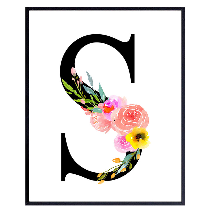 Letter S Initial Monogram Wall Decor - Floral Alphabet Art Home Decoration for Bedroom, Living Room, Bathroom, Office - Personalized Monogrammed Gift for Women, Girls, Teens - Pink Roses Sign