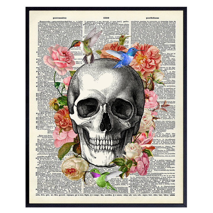 Goth Gothic Skull Wall Decor - Boho, Bohemian Vintage Medical Wall Art for Bedroom, Living Room, Doctor Office - Shabby Chic Gift for Women, Nurse, RN, CNA - 8x10 UNFRAMED Floral Poster