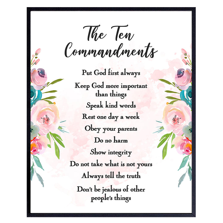 The Ten Commandments - Religious Christian Scripture, Bible Verse Wall Art - Inspirational Quotes Wall Decor - Girls Wall Decor, Kids Bedroom Decor, Kids Wall Art - Gift For Girls Room, Nursery