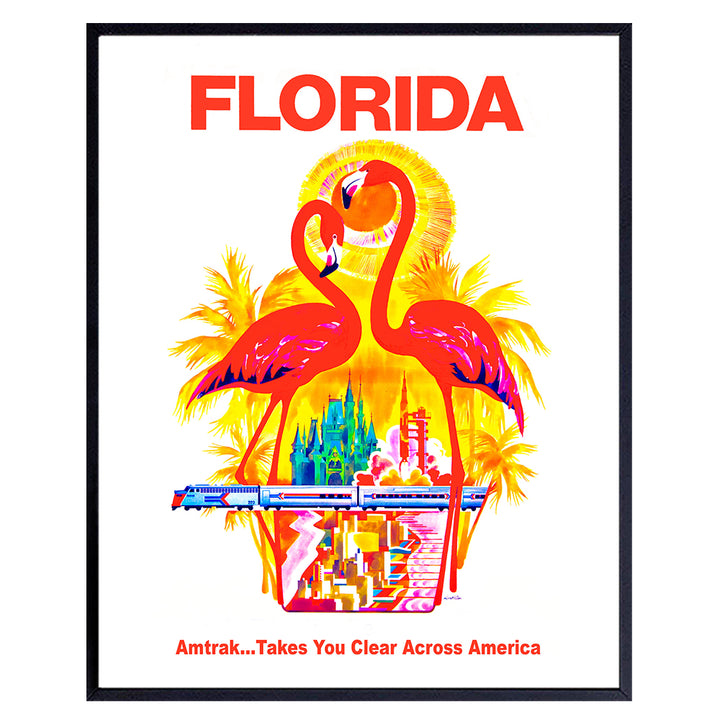 Florida Vintage Travel Poster Art Print, Wall Art Poster - Unique Home Decor for Beach House, Living Room, Kitchen, Office, Bedroom, Bathroom - Great Tropical Gift for Flamingo Lovers - 8x10 Photo