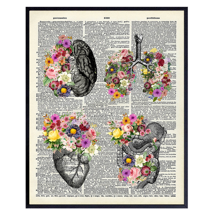 Flower Organs Dictionary Wall Art - 8x10 Vintage Decor - Upcycled Print for Home or Medical Office - Unique Steampunk Goth Room Decor - Gift for Women, Doctor, Nurse, PA, Med Student - Human Anatomy