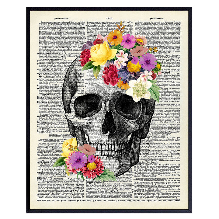 Floral Skull Dictionary Wall Art Decor Anatomy Print - 8x10 Upcycled Vintage Home Decoration for Bedroom, Bathroom - Unique Shabby Chic Gift for Steampunk, Goth Fans, Women - Unframed