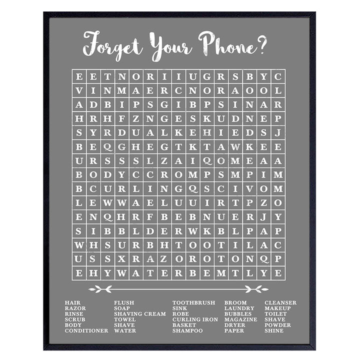 Forgot Your Phone Bathroom Sign - Forget Your Phone Bathroom Sign Word Search - Bathroom Wall Decor - 8x10 Funny Puzzle Bath Decoration, Bathroom Wall Art - Unframed Poster Print