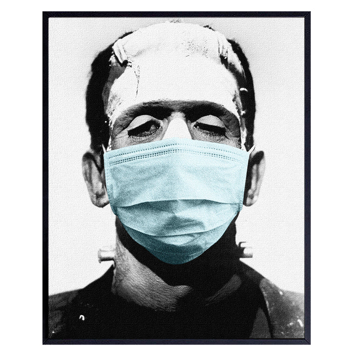 Coronavirus Covid 19 Photo of Frankenstein in Face Covering Buff Mask Wall Art - Pandemic Social Distancing Room Decor, Home Decoration - Goth Horror Movie Poster - Funny Vintage Hollywood Gift