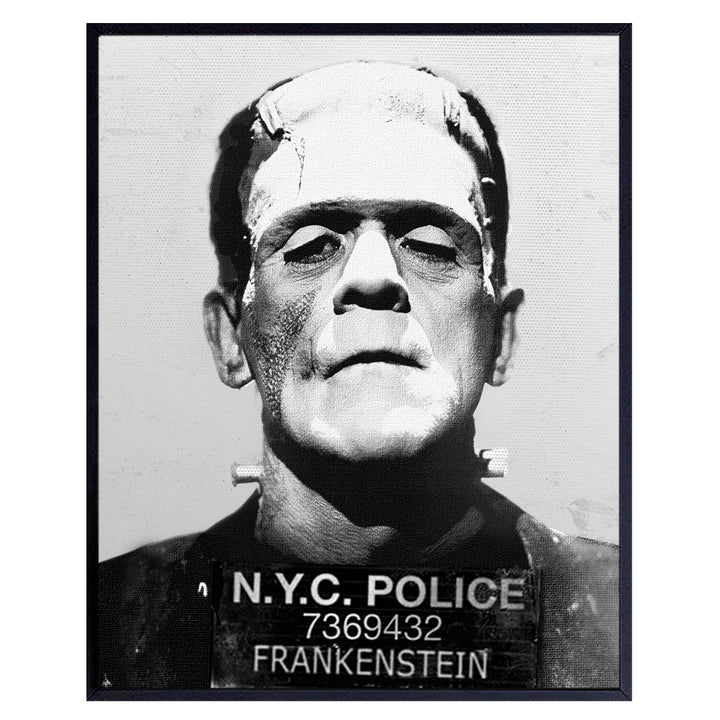 Yellowbird Art & Design Frankenstein Wall Art & Decor- New York Wall Decor - Horror Movies Wall Art - Home Theater Decor - Funny Frankenstein Mug shot Sign Poster - Goth Decor - Vintage Hollywood