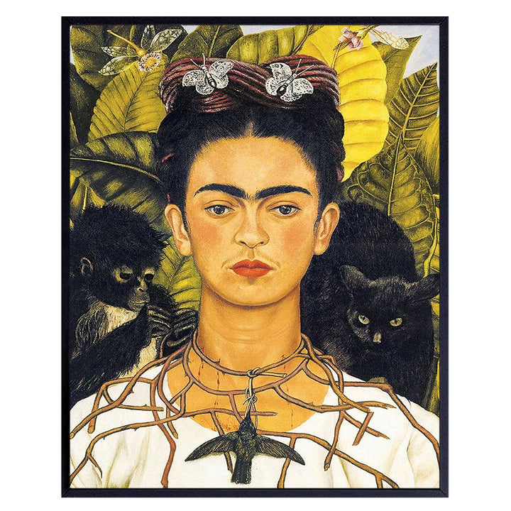 Poster - 8x10 Mexican Art Wall Decor Picture Print for Bedroom, Living Room, Home, Apartment - Gift for Women, Woman Artist - Monkey, Cat, Hummingbird Self-Portrait Painting - Unframed