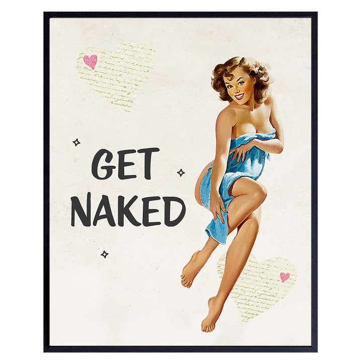 Vintage Get Naked Sign, 1950s Retro Pinup Girl Bathroom Wall Art Decor - Funny 8x10 Poster Print Gift for Powder Room, Guest Bath, Cute Bathroom Decoration for Women - Blue