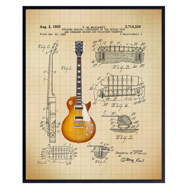 Guitar Patent Print - Iconic Electric Guitar of Famous Musicians - Music Gift for Rock n Roll Fan, Musicians, Guitar Player - Cool Wall Art, Home Decor Artwork Poster Picture - 8x10 Unframed