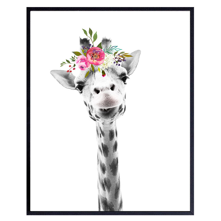 Baby Giraffe Wall Decor Print - Flower Crown Jungle Animals Wall Art Decoration for Girls Bedroom, Kids Room, Nursery - Cute Gift - Boho Shabby Chic Picture - 8x10 UNFRAMED Photo Poster