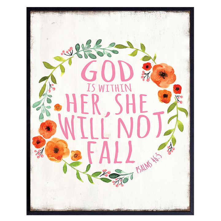 Religious Positive Quotes Wall Decor - God is Within Her She Will Not Fall - Spiritual Christian Gifts for Women - Inspirational Wall Art - Bible Verses Wall Art - Scripture Wall Art - God Wall Decor