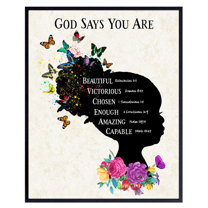 African American Girls Bedroom Wall Art & Decor - Black Art - Religious Christian Holy Scripture Bible Verses - God Says You Are - Spiritual Inspirational Positive Quotes - Uplifting Daughter Gifts