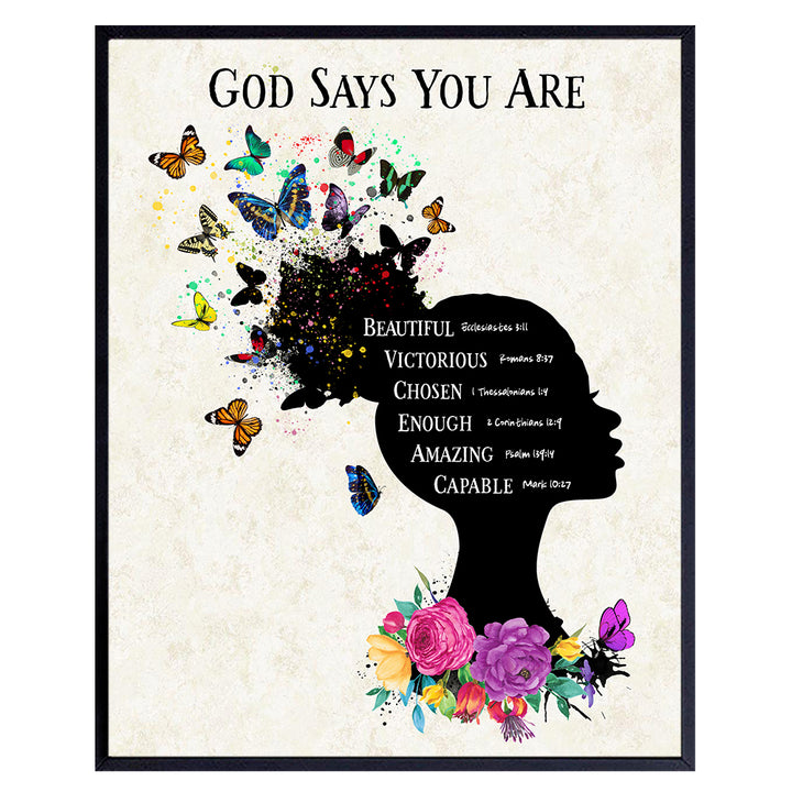 Religious Wall Art & Decor - African American Women, Girls - Christian Scripture Bible Verses - God Says You Are Inspirational Positive Quotes - Uplifting Encouragement Gifts - Afro Black Art