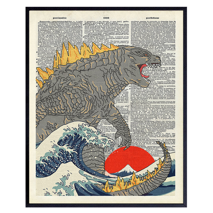 Godzilla Dictionary Poster, Great Wave Off Kanagawa - 8x10 UNFRAMED Wall Decor, Art Print - Gift for Vintage Hollywood Monster Movie, Horror Movies Fans - Boys Room, Teen Room Decor