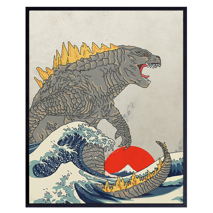 Great Wave Off Kanagawa - Godzilla Poster, Monster Movie Wall Decor, Art Print - Gift for Vintage Hollywood Horror Movie Fans - Boys Room, Teen Room Decor - 8x10 UNFRAMED Picture Print