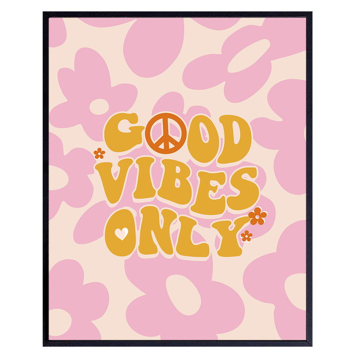 70s Hippie Aesthetic Room Decor - 60s Vintage Retro style Peace Pop art - Groovy College Dorm Room Decor for Women - Cute Pink Wall Art for Teen Girls - Good Vibes Only Sign for Preppy Bedroom, Bath