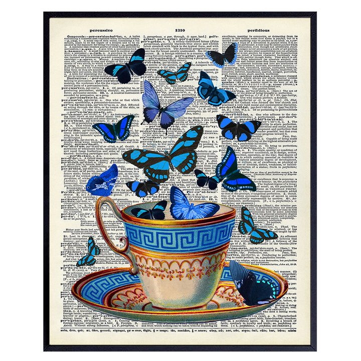 Greek Teacup and Butterflies On Photo of Dictionary Page - Unframed Wall Art Print - Perfect Easy Gift and Great For Home Decor - Ready to Frame (8x10) Photo