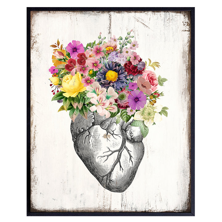 Floral Heart Rustic Wall Art - 8x10 Vintage Shabby Chic Home Decor, Decoration for Living Room, Bedroom, Bathroom, Medical Office, Hospital ER- Gift for Nurse, Doctor, RN, Physicians Assistant, Women