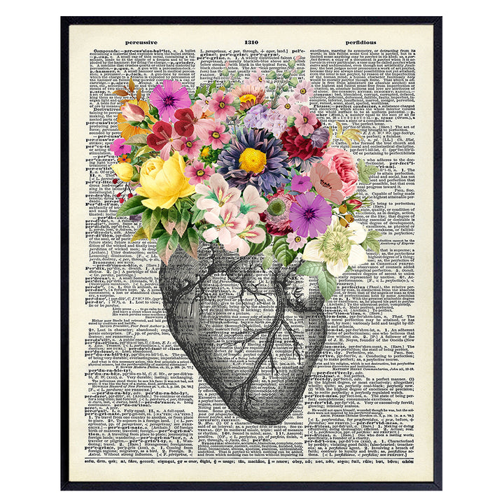 Heart Flowers Dictionary Decor - Wall Art Print - Steampunk Chic Home Decor for Medical Clinic, Dr Office- Great Gift for Doctors, Cardiologists, Nurses - Unframed 8x10 Vintage Photo