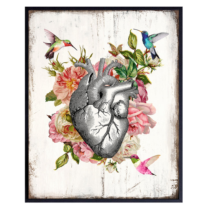 Heart Hummingbird Rose Wall Decor - 8x10 Rustic Farmhouse Shabby Chic Human Anatomy Art Decoration for Bedroom, Living Room, Medical Doctor Office - Gift for Cardiologist, Nurse, RN - UNFRAMED Print