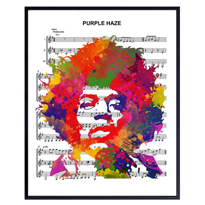 Jimi Hendrix 8x10 Poster, Wall Art, Home Decoration - Graffiti Pop Art Decor for Apartment, Music Studio - Urban Street Art Style Purple Haze Sheet Music Picture Print - Gift for Guitarist, Musician