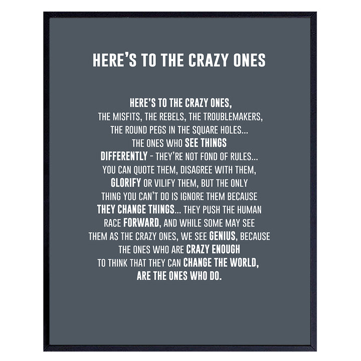 LARGE 11X14 - Here's to the Crazy Ones- Motivational Wall Art Poster - Inspirational Quotes - Inspiring Sayings for Wall Decor - Home Office Decor- Encouraging Encouragement Entrepreneur Gifts for Men