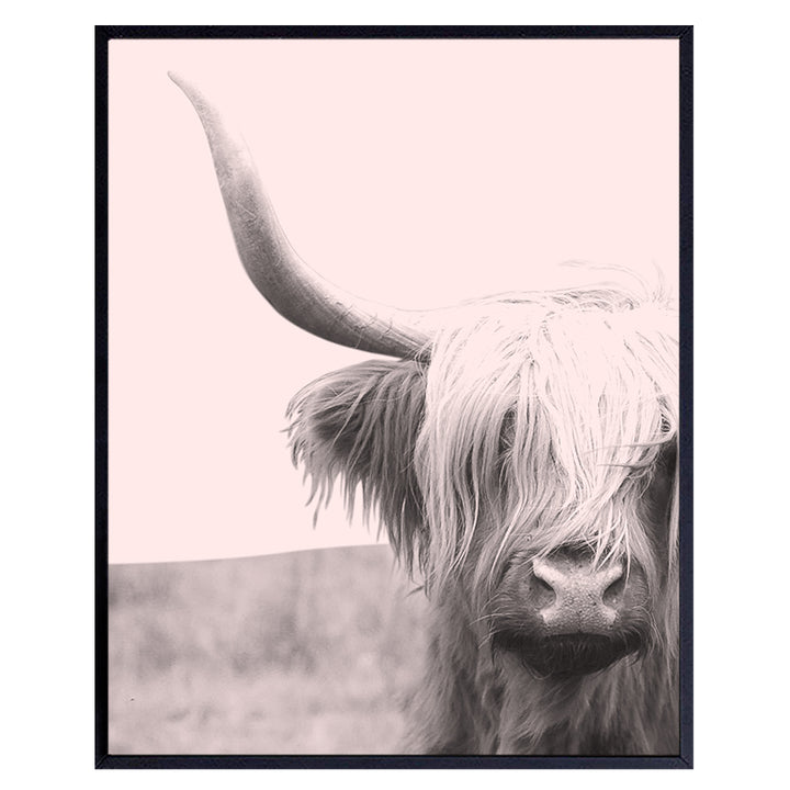 Highland Cow Decorations - Boho Farmhouse Cow Gift for Women - Cow Wall Decor for Bedroom, Living Room, Home, Kitchen, Bathroom, Apartment, Office - Cute Scottish Cow Wall Art - Pink Photo Picture