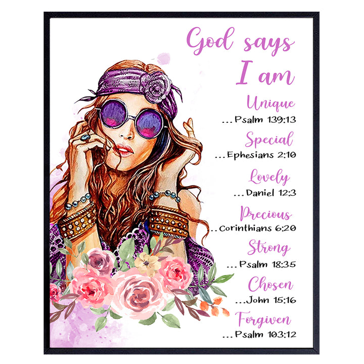 Boho Hippie Bible Verse Decor - God Says You Are Wall Art - Religious Christian Scripture Encouragement Gifts for Women, Girls, Teens Bedroom - Inspirational Motivational Poster - Hippy Bohemian Print