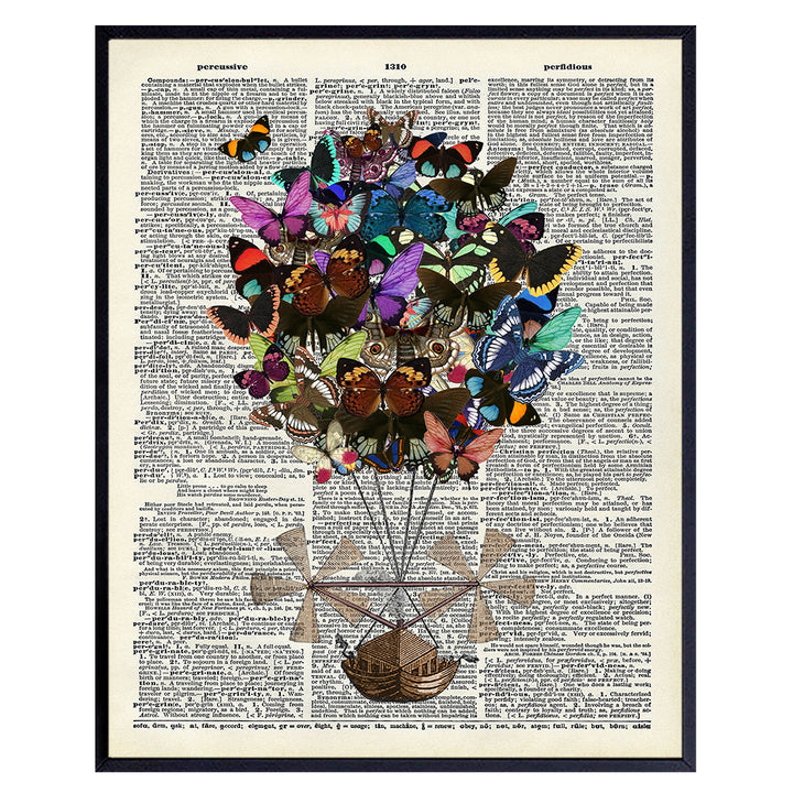 Butterfly Steampunk Decor - Hot Air Balloon Decorations - Dirigible Poster - 8x10 Blimp Airship Dictionary Art Print - Vintage Wall Art - Whimsical Decor - Victorian Home Decor - Goth Gothic Gifts