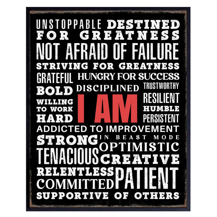 I Am Motivational Wall Art - positive Affirmations Man cave Wall Decor - Inspirational Quotes Wall Decor for Men - Home Office Encouraging Gifts - Workplace Success Wall Art - Inspiring Wall Art