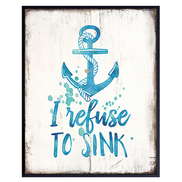 Inspirational Nautical Decor - Motivational Wall Art for Bathroom, Restroom, Guest Bath, Powder Room, Beach House, Bedroom - Vintage, Rustic, Farmhouse Boho Ocean Decor - Teal Blue Housewarming Gift