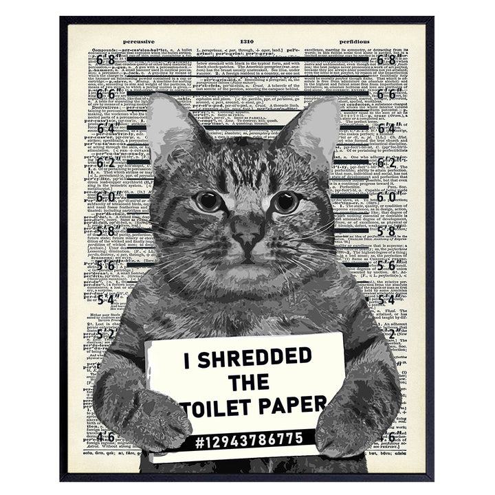 Guilty Cat Wall Decor - Cat Wall Art - Dictionary Art - 8x10 Humorous Poster, Mugshot Wall Art or Home Decoration for Bathroom, Bath - Funny Gag Gift for Cat Lovers - Upcycled Picture Photo Print