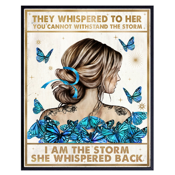 Positive Quotes Inspiration Wall Art & Decor - She Whispered Back I Am The Storm - Boho Hippie Wall Art - Motivational poster - Encouragement Gift for Woman - Blue Bedroom Home Office Living room Art