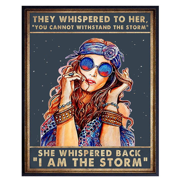 Boho Hippie Inspirational Wall Decor - She Whispered Back I Am The Storm - Positive Quotes Wall Art - Motivational Poster - Encouragement Gifts for Women - Rustic Bedroom Living Room Home Office