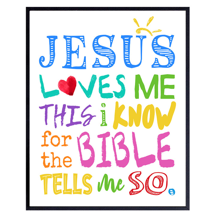 Religious Christian Kids Room Decor for Girls, Boys, Toddler Bedroom - Cute Baby Shower Gift - Jesus Loves Me Bible Verse Wall Art Print - 8x10 Poster Picture