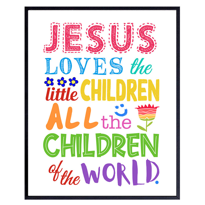 Girls, Boys, Kids Bedroom Decor - Religious Christian Wall Art, Room Decoration - Cute Baby Shower Gift - Jesus Loves the Little Children Bible Verse Wall Art Print - 8x10 Poster Picture