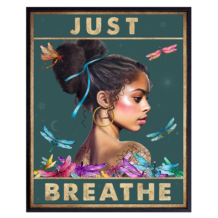 Just Breathe Wall Art for Women - positive Affirmations and Inspirational Quotes African American Wall Decor - Personal Growth Bedroom Decor for Women, Woman, Black Girl, Teen - Motivational Sayings