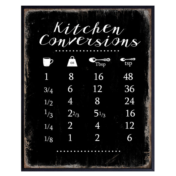 Kitchen, Dining Room, Cafe, Restaurant Wall Art Decor - Measurement Conversion Chart for Cooking, Baking - Rustic Vintage Picture Sign Plaque Decoration - Cute Gift for Women, Cook, Chef - Black