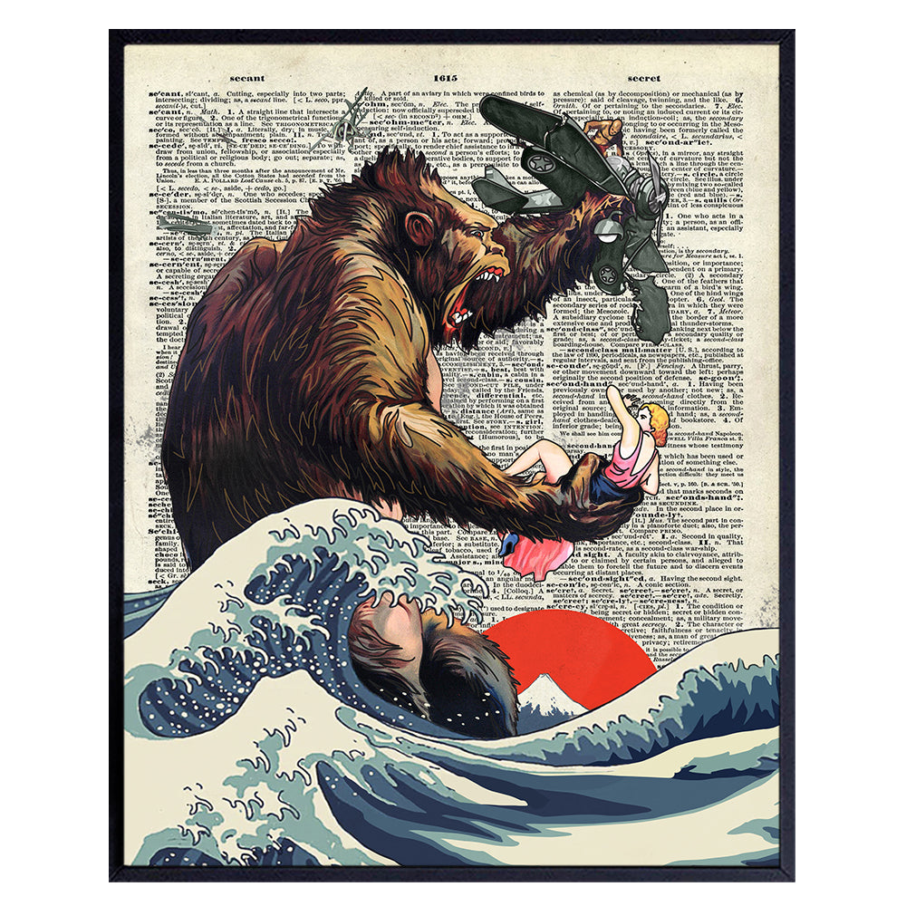 King Kong - Great Wave Off Kanagawa Poster - 8x10 Scary Monster Movie Wall Art Print - Gift for Vintage Hollywood Horror Movie Fans - Boys Bedroom, Teen Room Wall Decor - UNFRAMED Picture Print